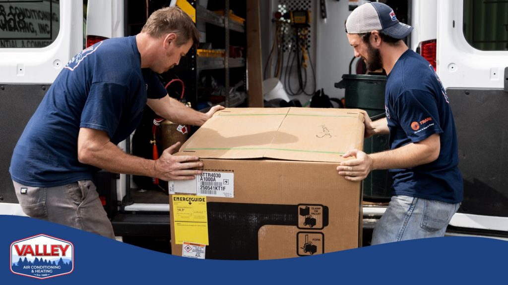 crew delivers new heat pump system to Connecticut home in late autumn