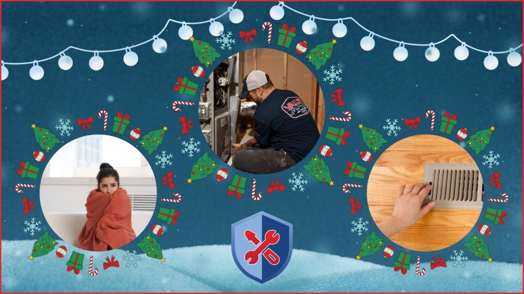 Valley Air tech servicing a furnace. Homeowner checking a vent. Women cold in her home.