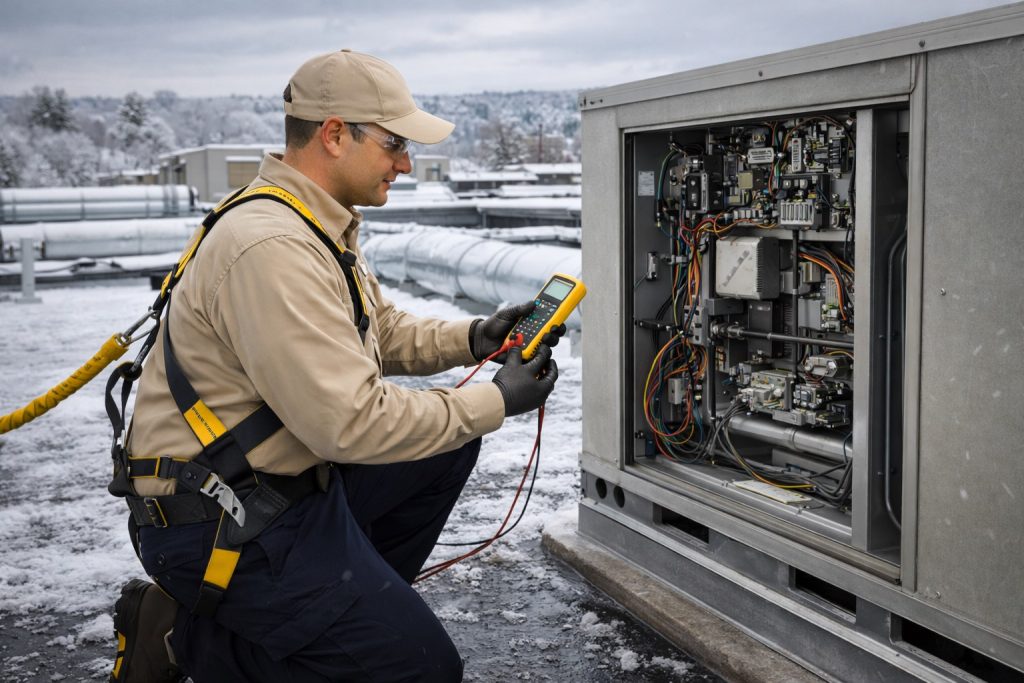 Technician testing rooftop HVAC unit components on Simsbury commercial building during winter service.
