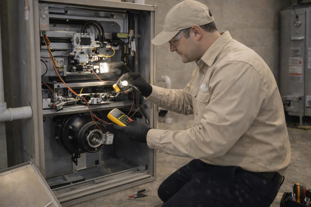 Technician inspects ignition system inside gas furnace during repair in Simsbury basement.
