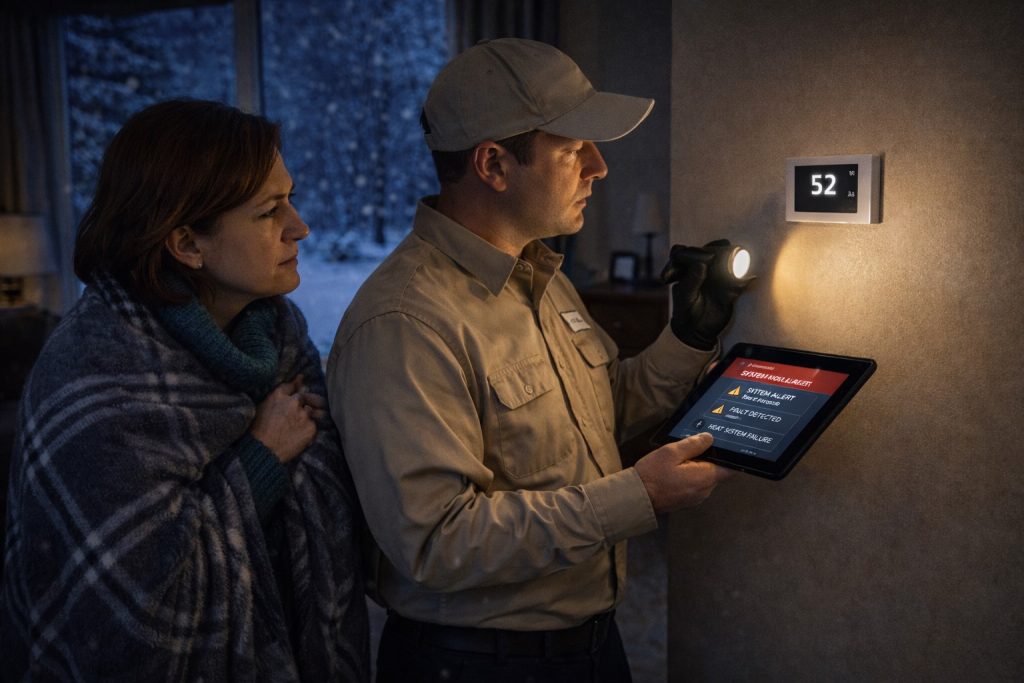 Technician inspects wall thermostat during heat outage emergency in Simsbury home at night.