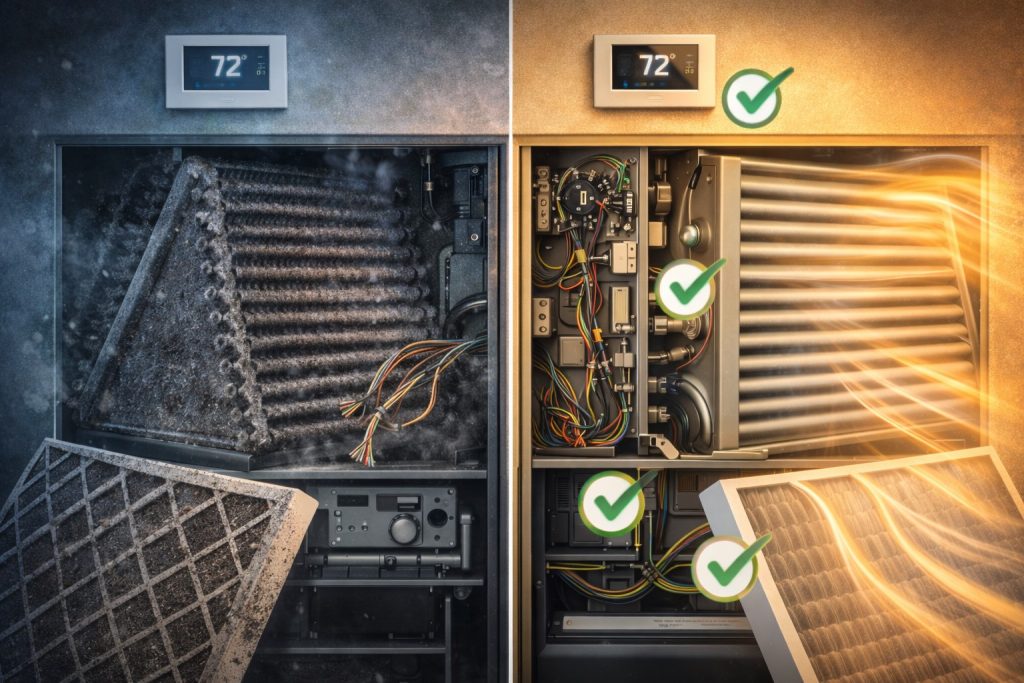 Split-scene showing dirty HVAC components before service and clean, efficient system after inspection.