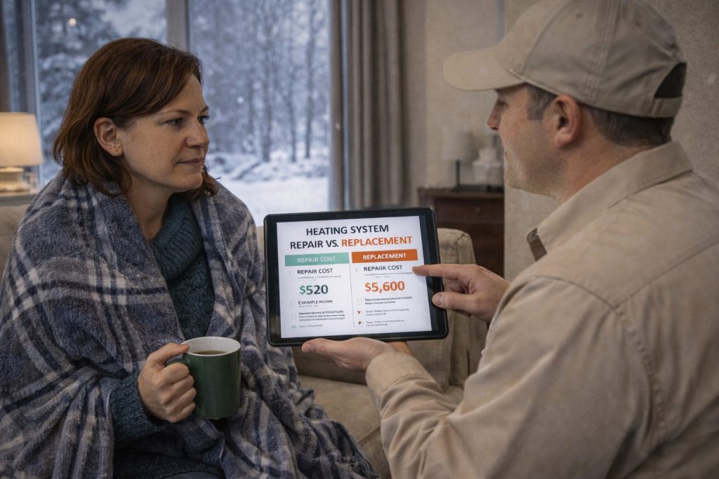 Homeowner reviews heating repair vs. replacement costs with HVAC technician during winter visit in Simsbury.
