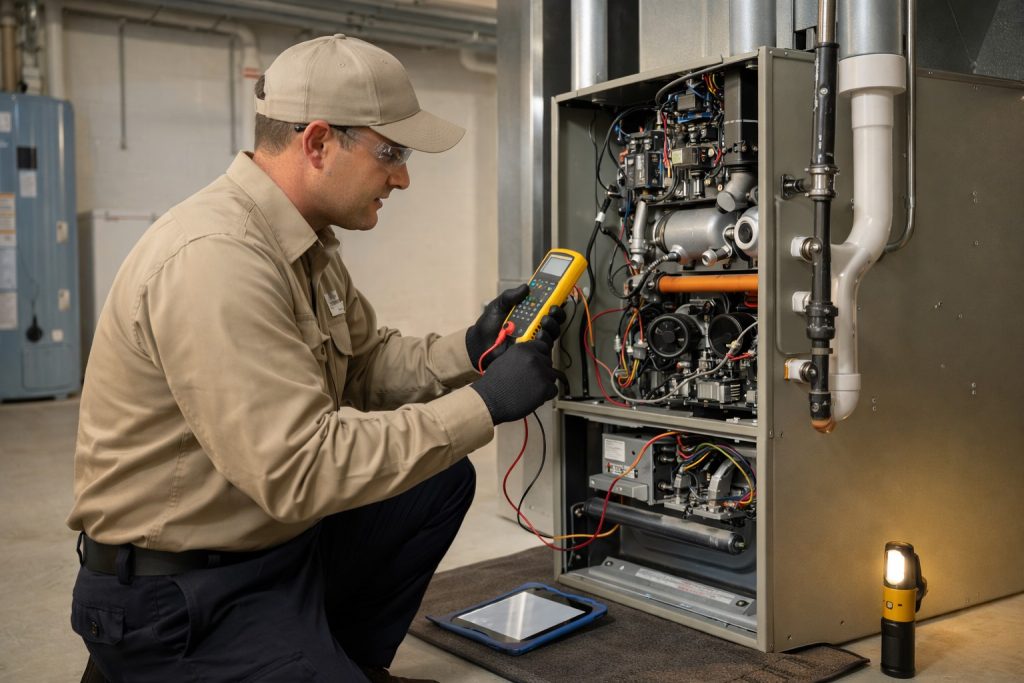 HVAC technician uses multimeter on gas furnace wiring in a clean Simsbury basement during repair visit.

