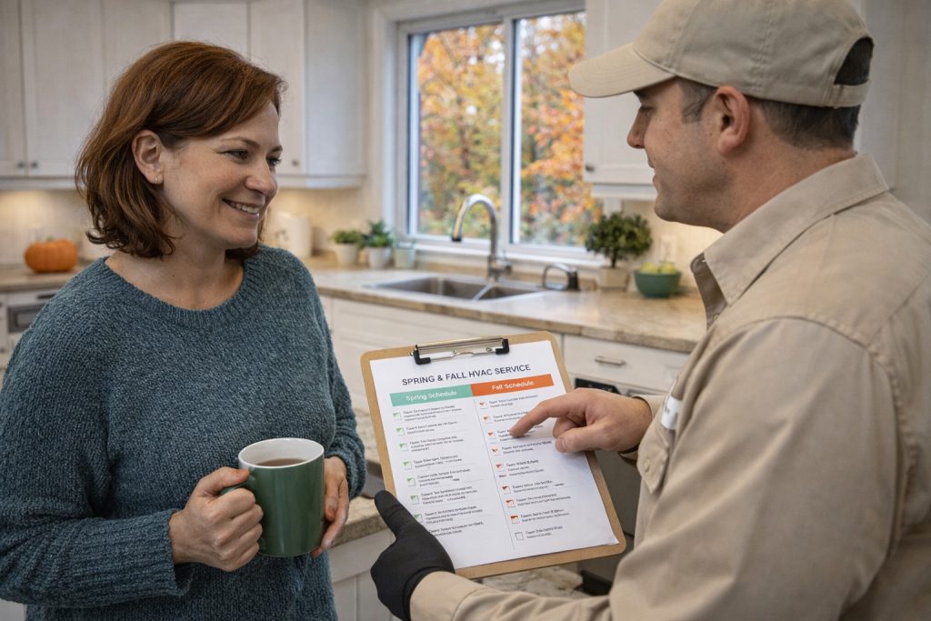 Homeowner and HVAC technician review seasonal maintenance checklist in Simsbury kitchen during fall.