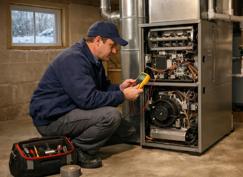 HVAC technician performing February furnace tune-up in Connecticut basement