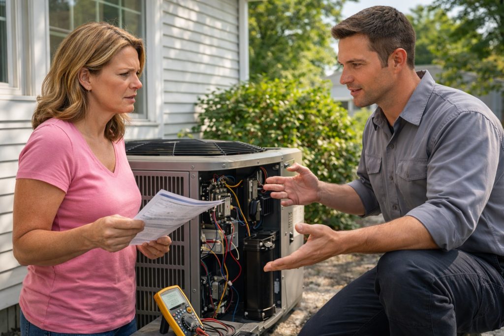 HVAC technician explains compressor issue to homeowner beside outdoor AC unit in Simsbury