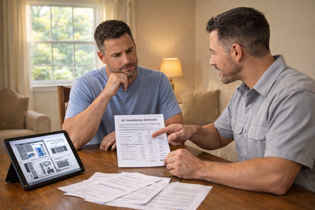Homeowner and technician review AC installation cost estimate at table in Simsbury living room