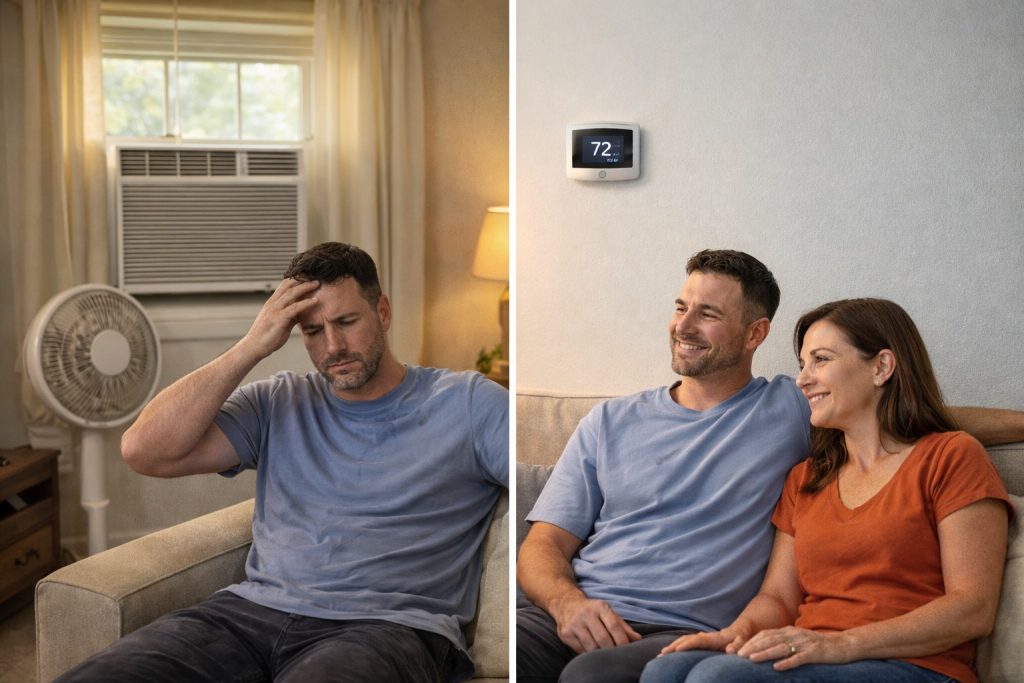 Split-scene showing before-and-after AC replacement transformation from discomfort to comfort.