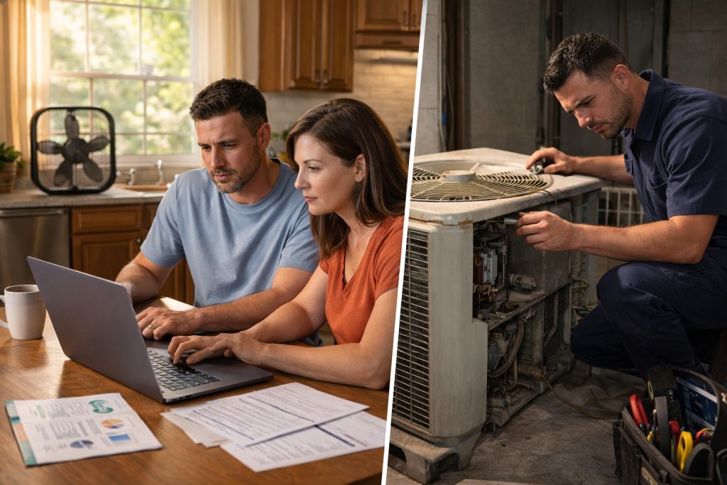 Couple reviews AC replacement options at kitchen table while technician inspects old unit nearby.