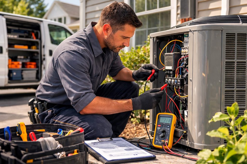 HVAC technician diagnosing electrical issue on outdoor AC unit during Simsbury summer