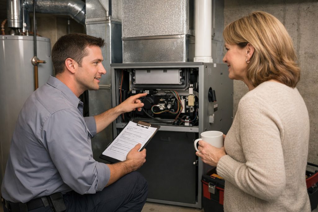 Homeowner and HVAC technician reviewing maintenance steps beside furnace in Simsbury basement