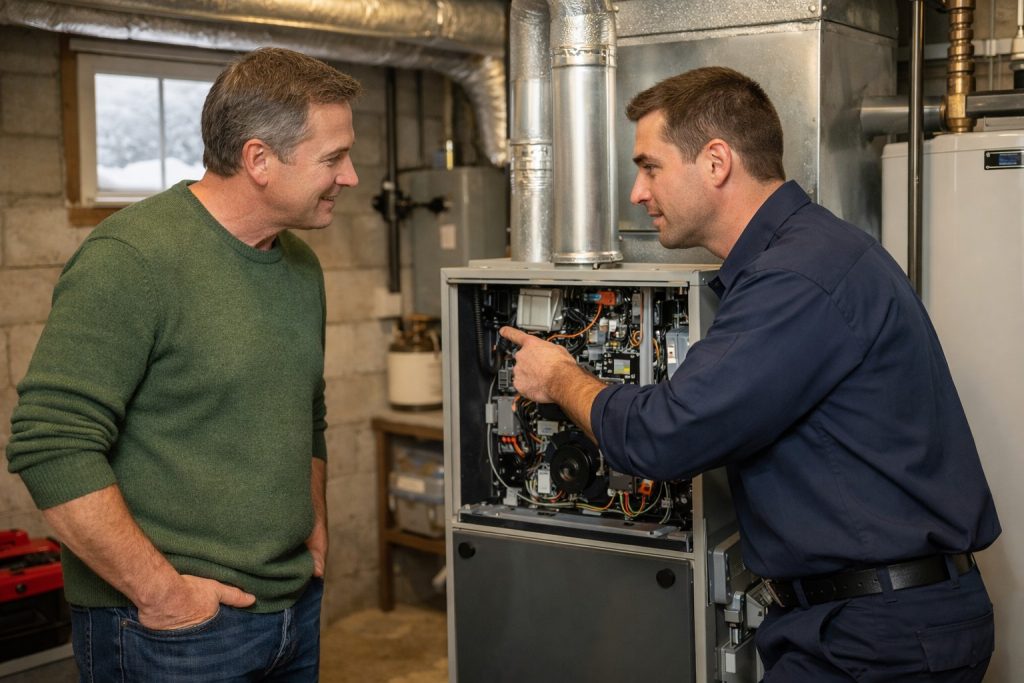 Homeowner and HVAC technician reviewing furnace during winter tune-up in Simsbury basement