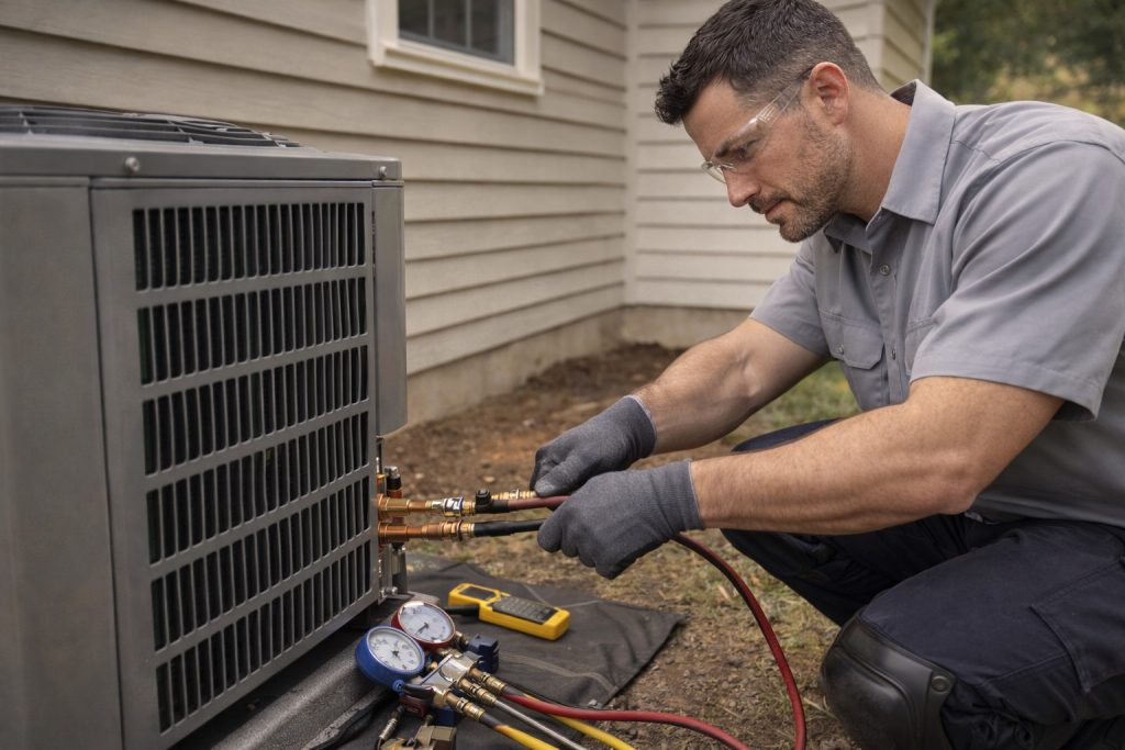 Technician installs new outdoor AC unit with tools and safety gear at Simsbury home