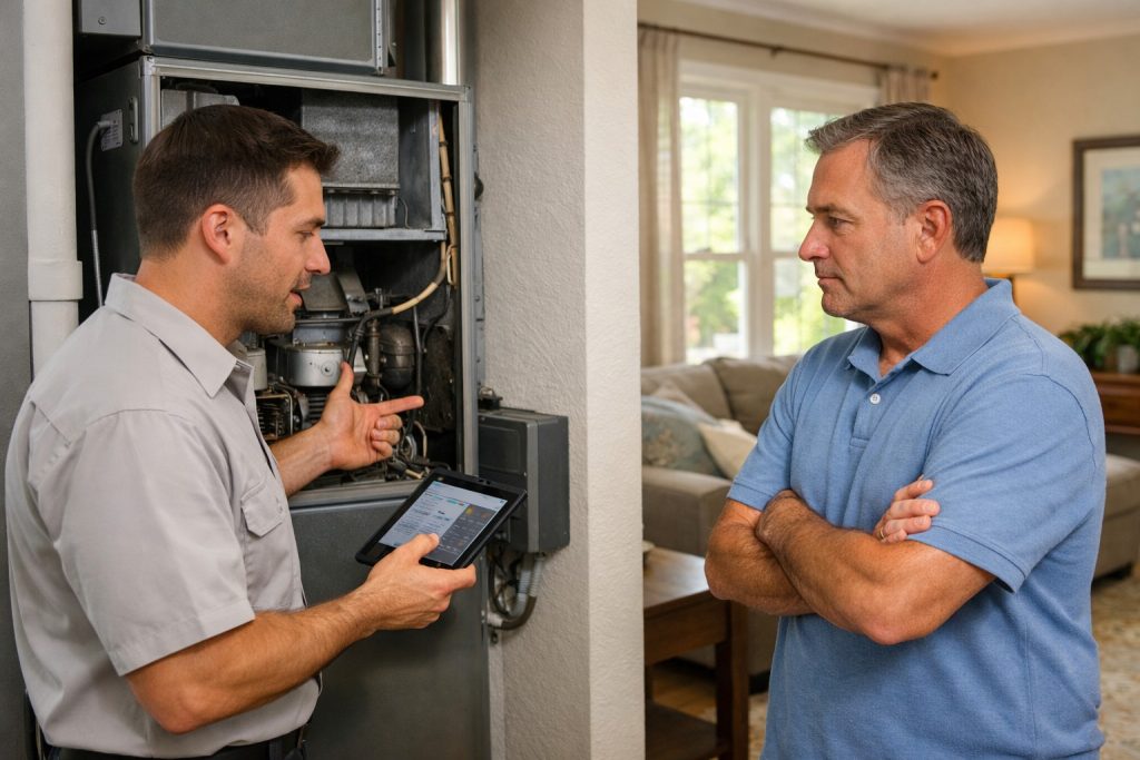 Homeowner consulting with HVAC technician about aging AC unit in a Simsbury home